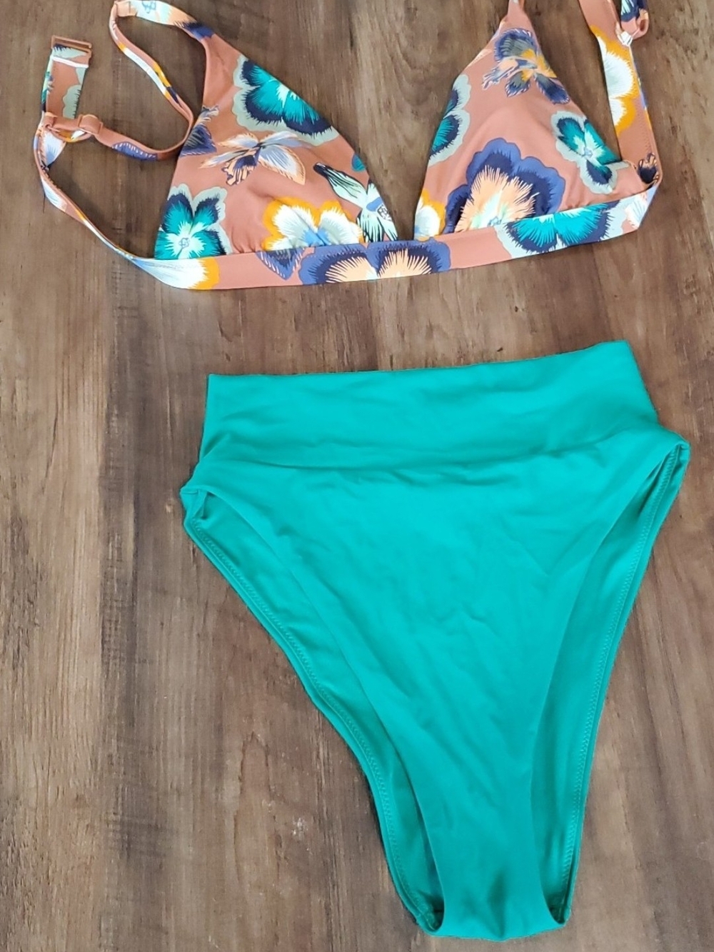 aerie Large Floral Orange Triangle Top with Small Green High-Waist Bikini Bottom